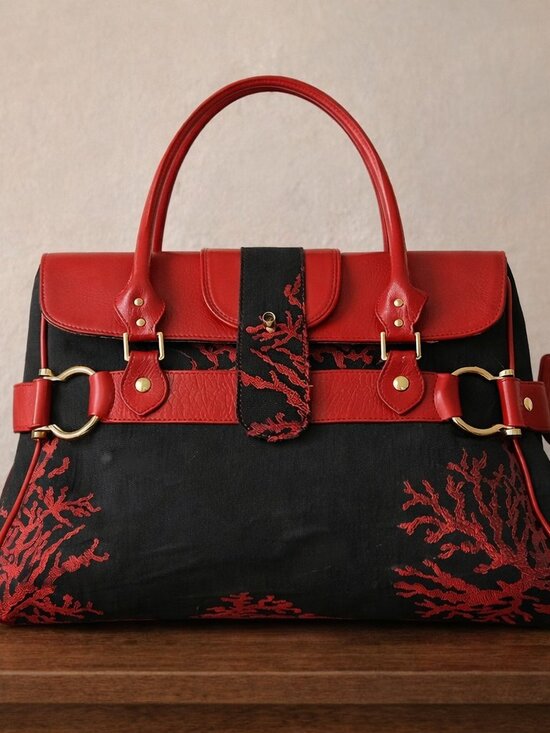Le Duchesse Handbags - Le Duchesse Made-in-Italy Red Leather & Black Jacquard Tapestry Satchel.